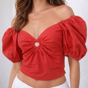 SIM & SAM Coral Puff Sleeve Cutout Top – Size M Y2K Romantic Coastal